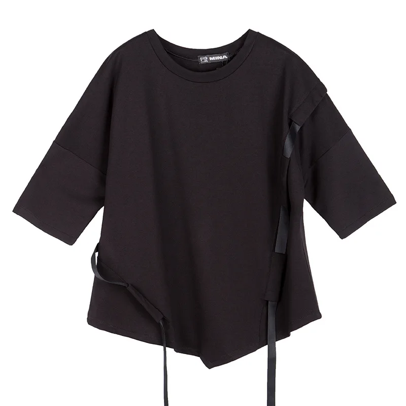 

Loose T-shirt Irregular Tie Stitched Casual Top BF Wind Spring and Summer New Round-neck Women's Fashion Y2k Shirt Harajuku