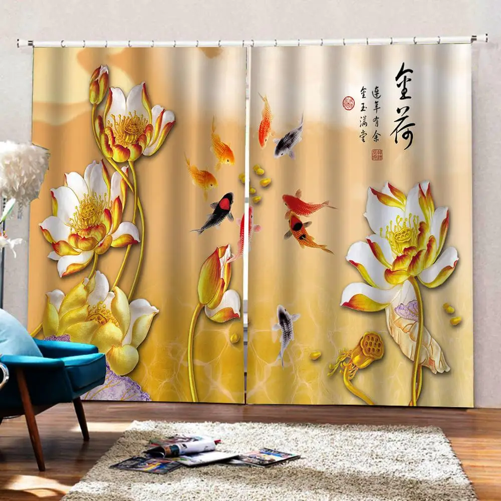 Пользовательские современные шторы в китайском стиле Lotus carp 3D Золотой Фон навес
