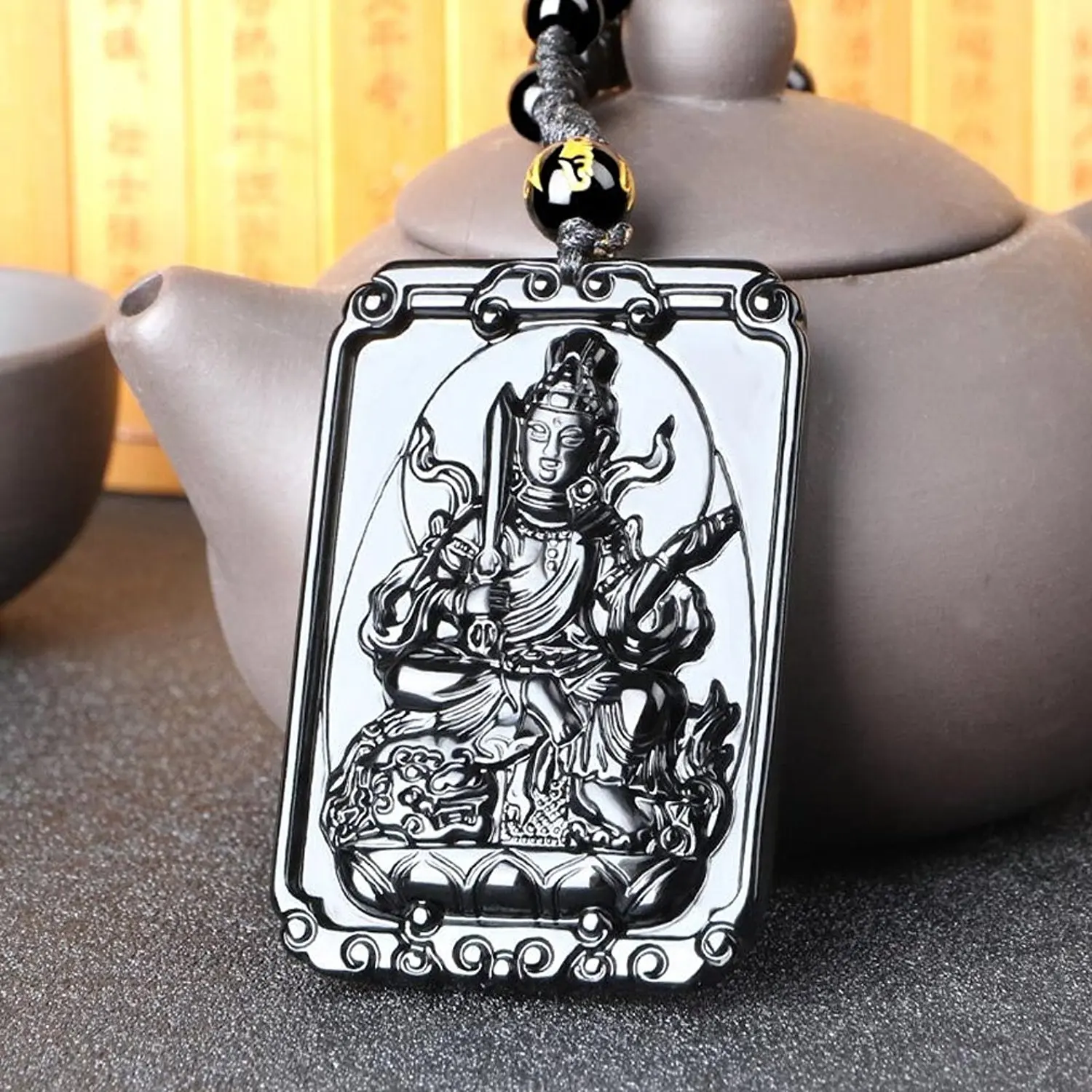 LETSFUN изящные ювелирные изделия ручной резки натуральный обсидиан манджуши Будда