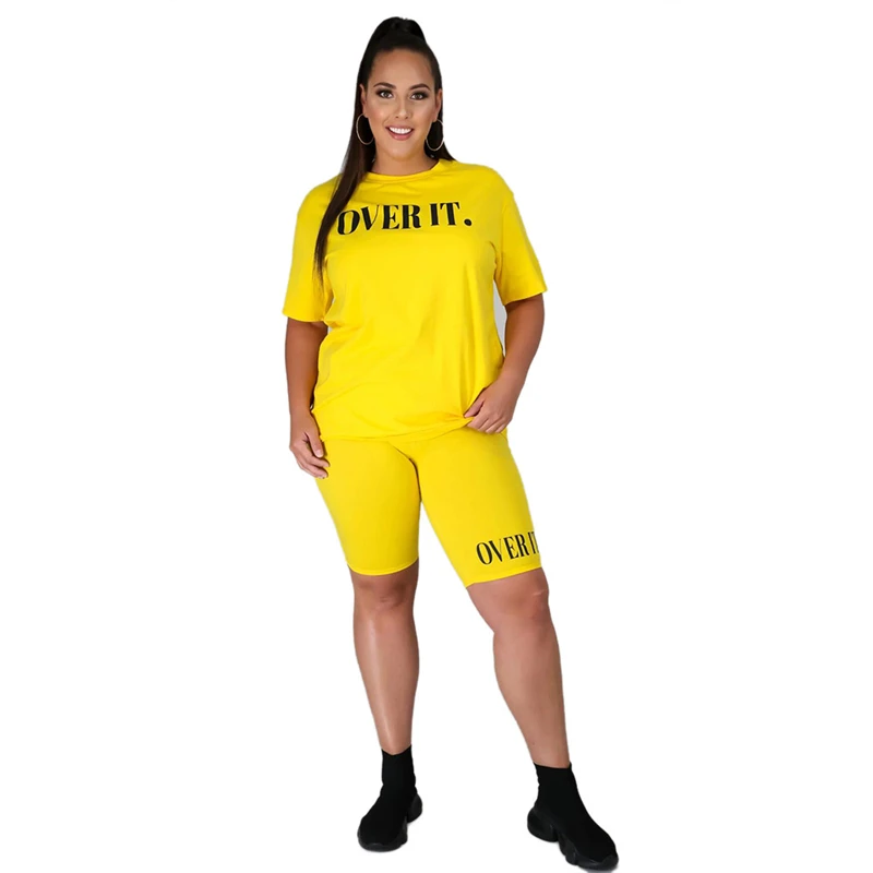 

Summer 2 piece women's solid color letter printing round neck casual top and shorts plus size jogging sports suit sportswear