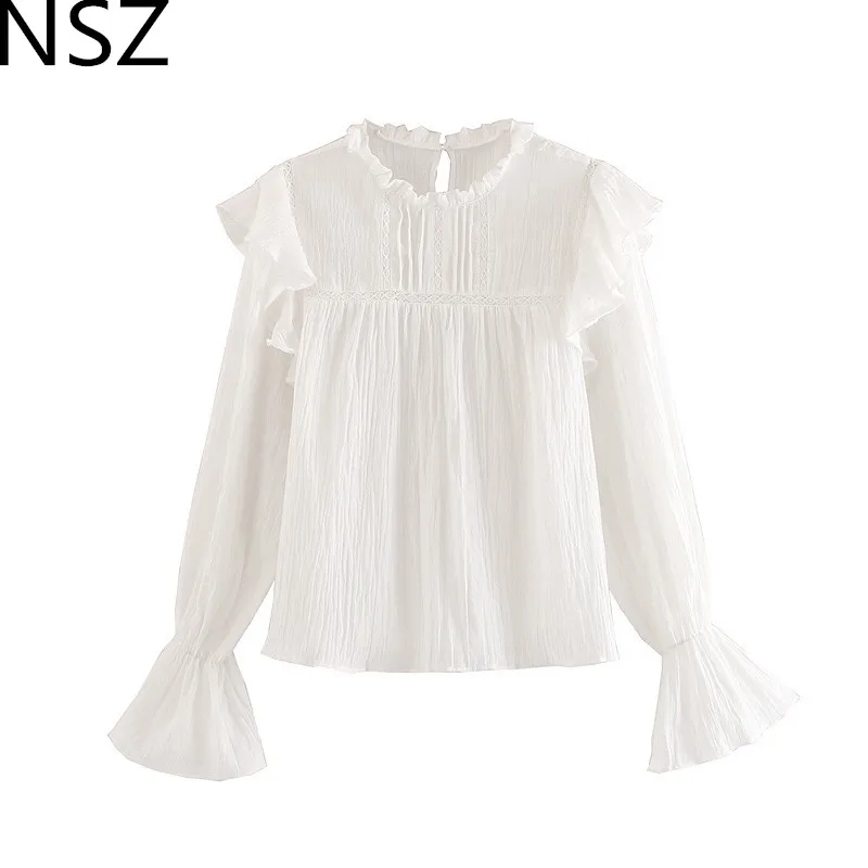 NSZ Женская белая рубашка с расклешенными рукавами и круглым воротником вышивкой