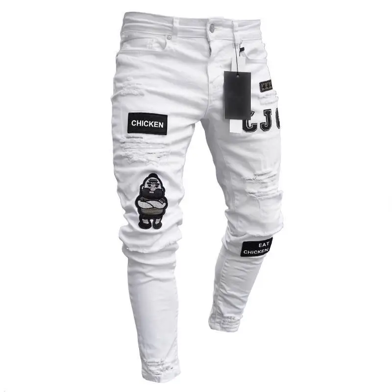 Explosive men's hip-hop high-end stretch slim trousers Skinny biker embroidered printed jeans ripped leg pants Casual denim