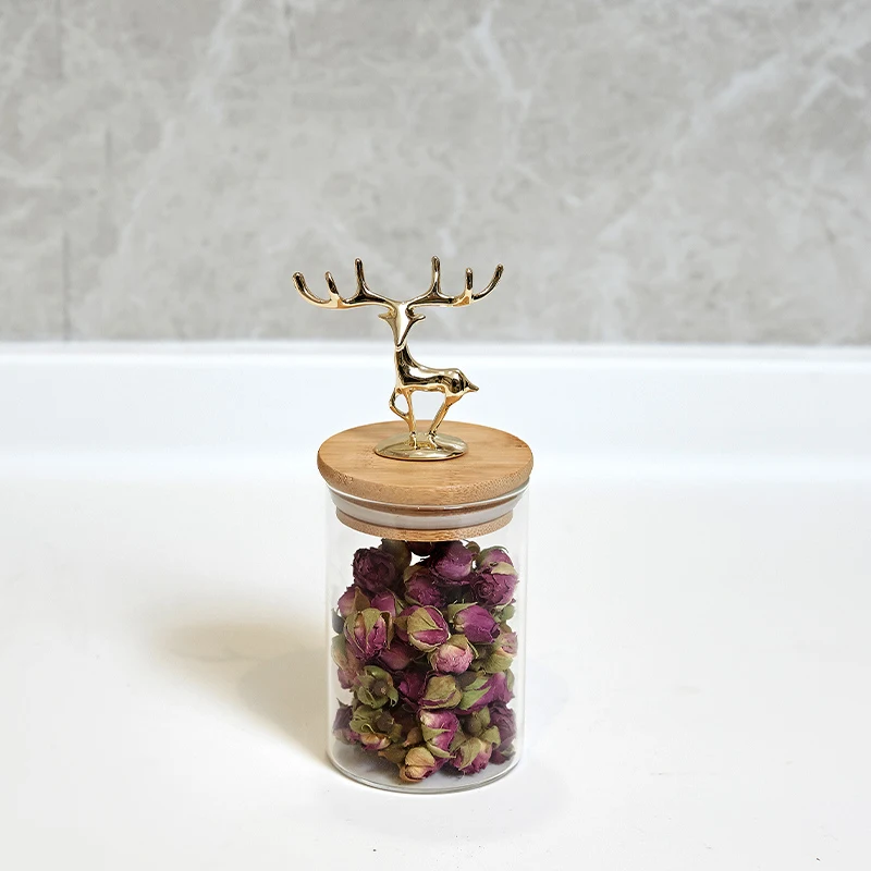 

European Simply Storage Candy Jar with Wood Cover Caddy Grains Cans Tea Golden Deer Christmas Decorative Glass Spices Pot