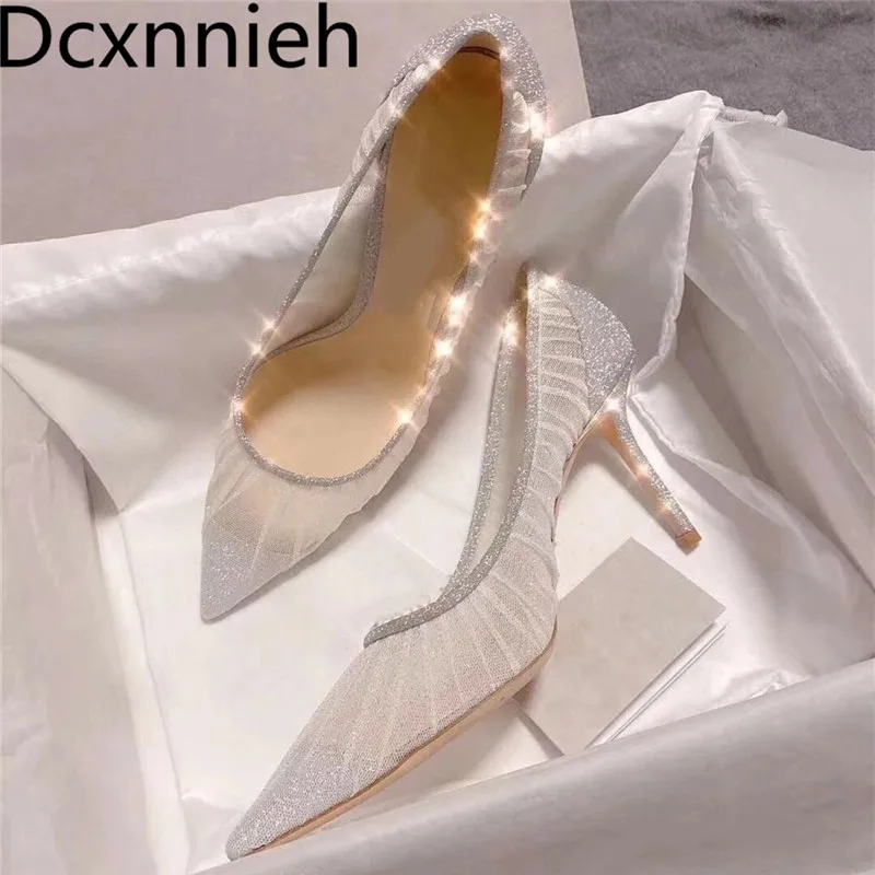 

Женская летняя обувь из сетчатого материала женские туфли из кожи на высоком каблуке с острым носком; Модельные туфли; Модная Уличная обувь ...