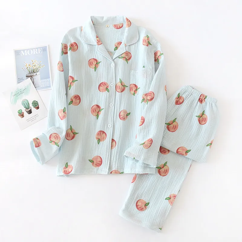 

100% Cotton Pyjamas Women New 2020 Double Gauze Autumn Winter Pajamas Female Long Sleeve Printing Sleepwear Set pijama feminino