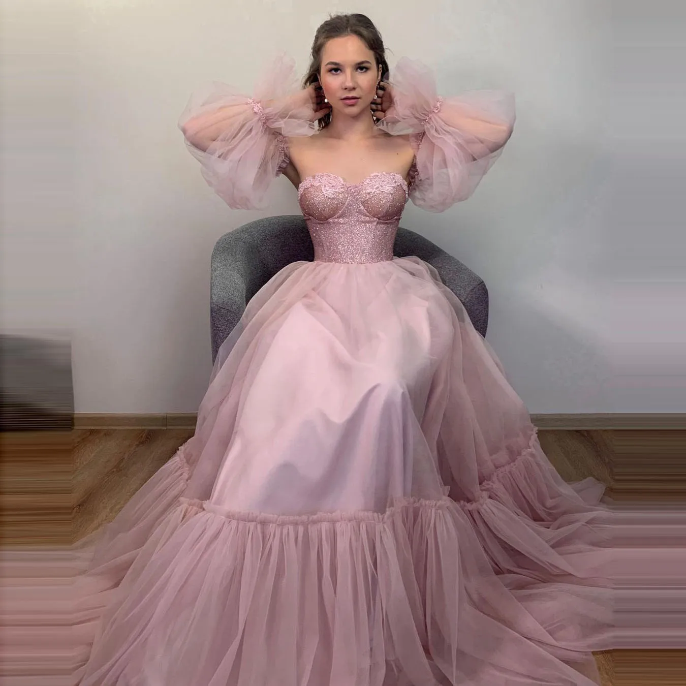 

Pink Elegant Classic Simple Kawaii Women Dress Strapless Tulle Princess Dress A-Line Floor Length Evening Dress Plus Size
