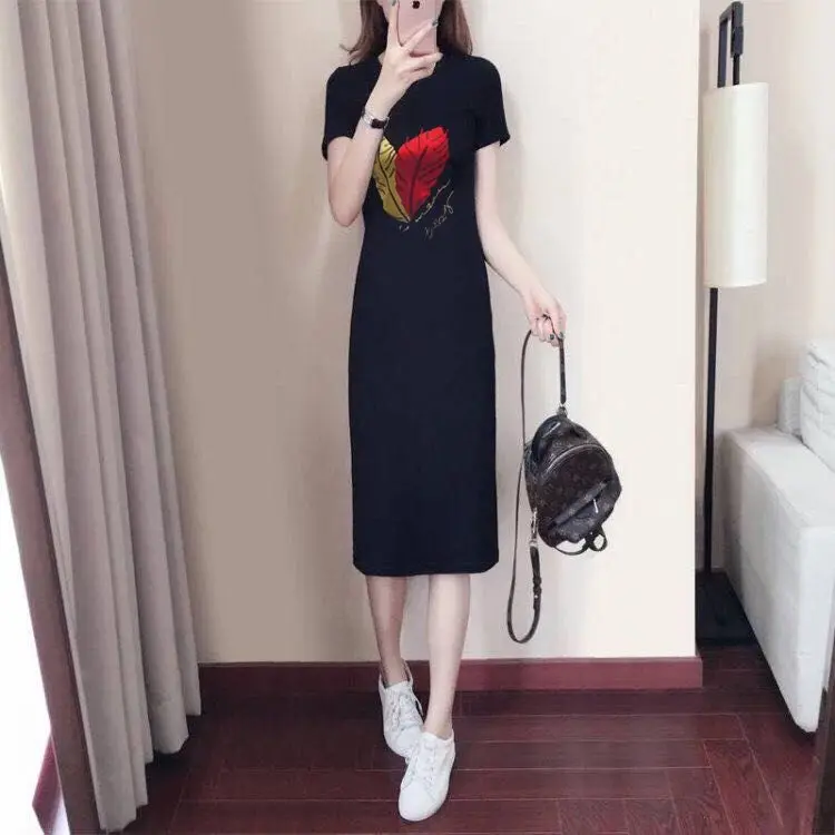 

20 Models Women's Dress Spring Summer Style Women's A-Line O-Neck Black Casual Printing Fashion Design Ladies Dress SS3218
