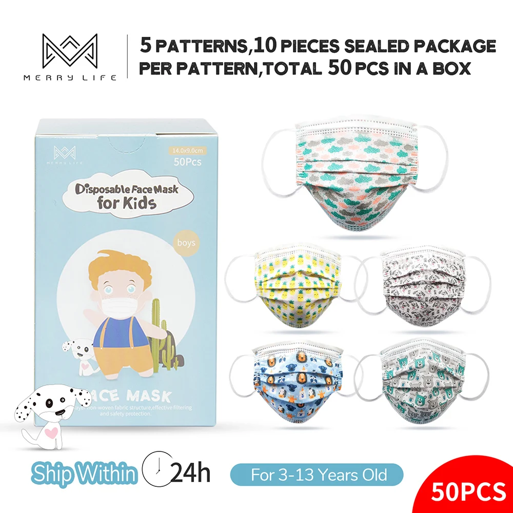 

MERRYLIFE 3 layer Disposable Face Masks For germ protection 50pcs kids Breathable Patterns Face Mask For Children Boys