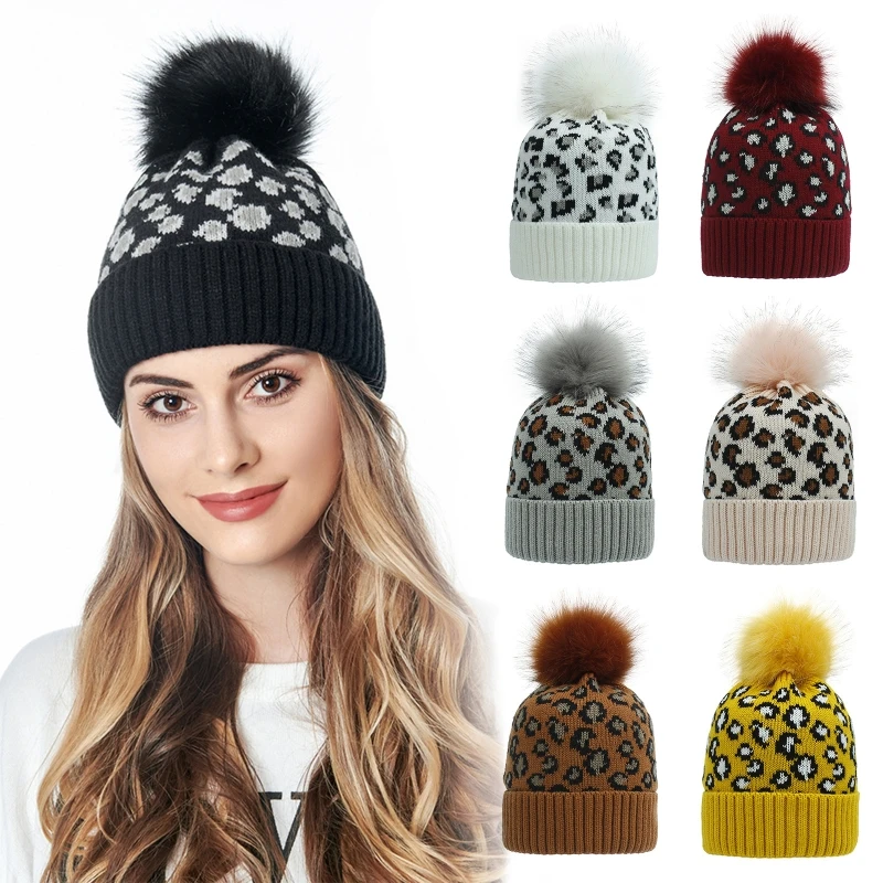 

Women Winter Warm Knitted Beanie Hat Vintage Leopard Animal Print Fuffy Pompom Cuffed Skull Cap Head Cover Ear Warmer