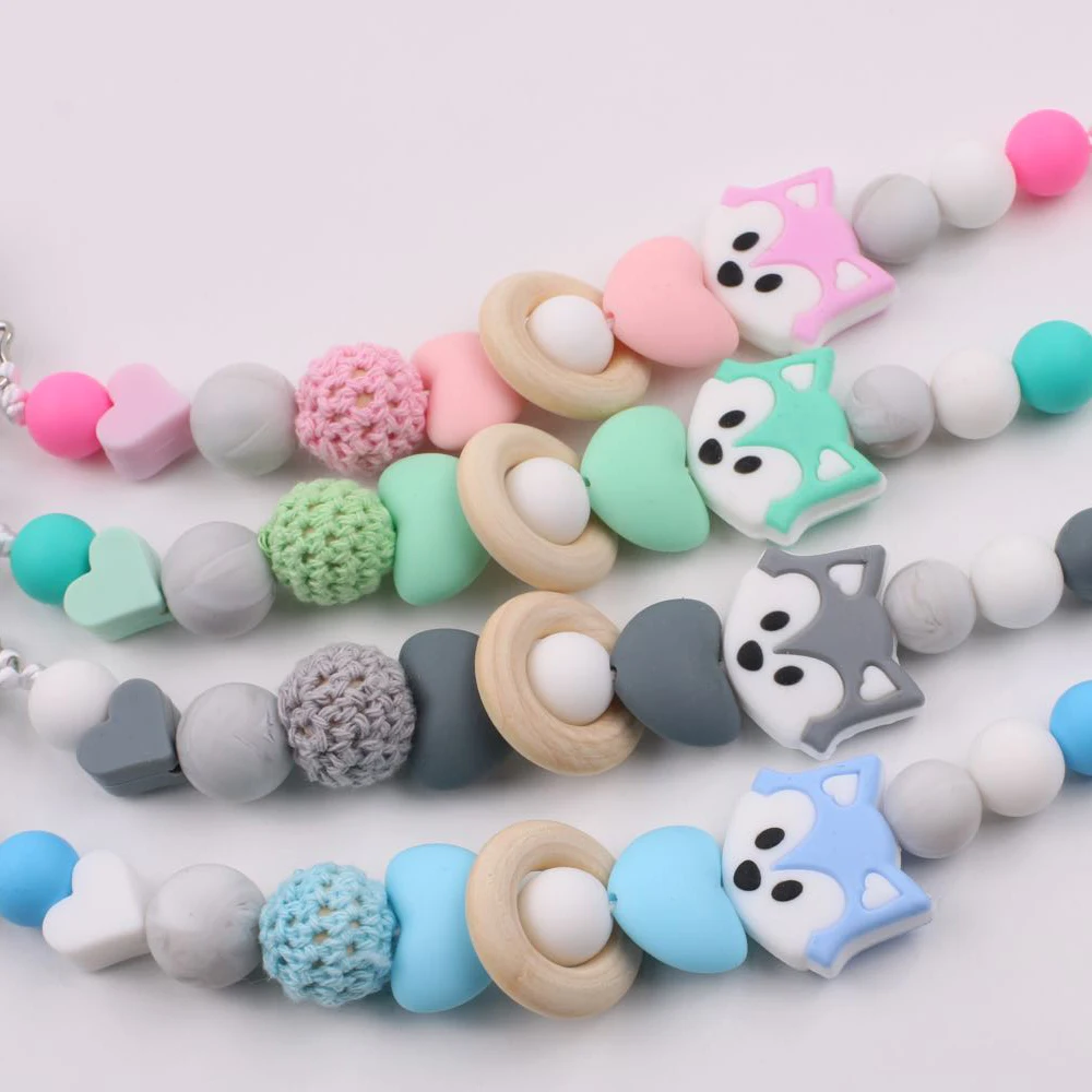 

New wooden silicone alphabet cartoon animal fox baby pacifier clip
