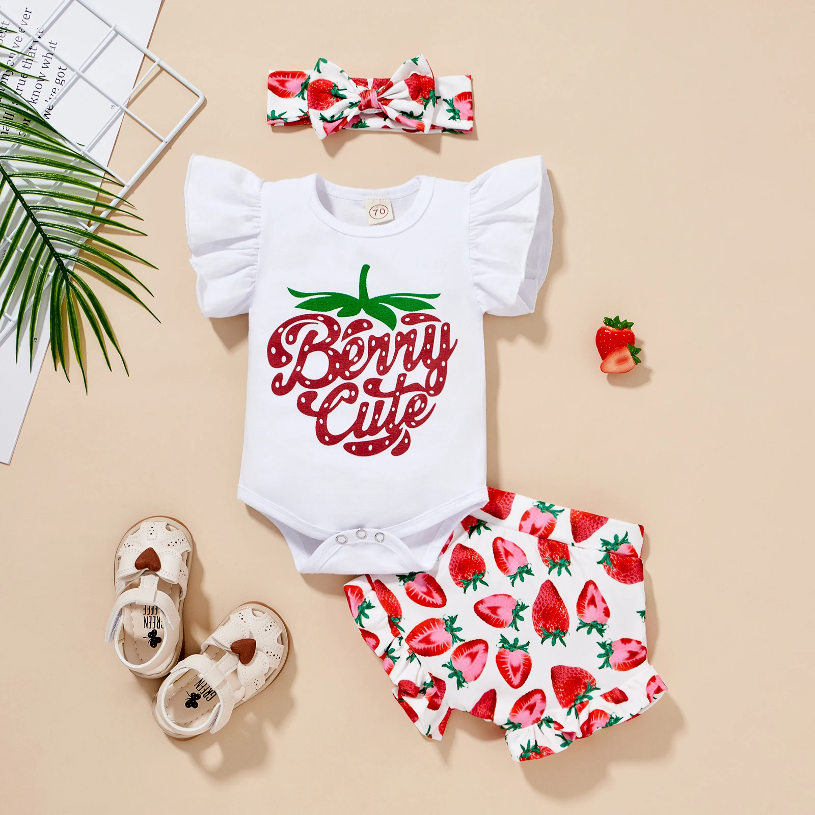 

Summer Infant Clothes Baby Girl Clothes Set, Letter Print Flying Sleeve Romper+Strawberry Print Shorts+Bow-knot Headband