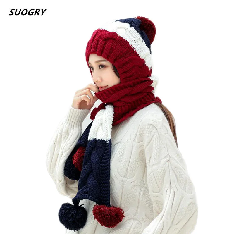 

2018 New Winter Girl's Hat Set Cute Cute Cap Crochet Knit Hat Scarf Pompom Beanies Shawl Solid Weave Plus Velvet Headwear