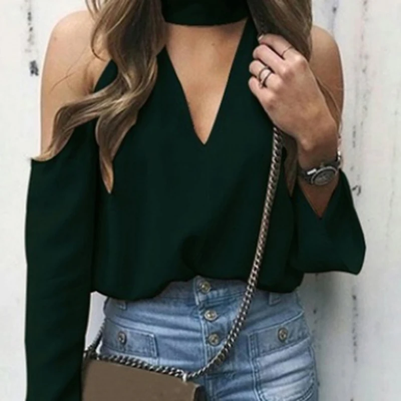 Осень Для женщин без бретелек шифоновое топы сексуальные с длинным рукавом