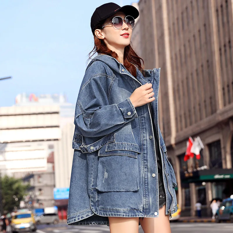 Популярная стильная женская джинсовая куртка Han edition длинные тренчи с капюшоном