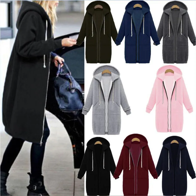 

ZOGAA Spring Autumn Casual Women Pure Color Hoodies Womens Zipper Drawstring Long Sweatshirt with Hat Loose tops plus Size S-3XL