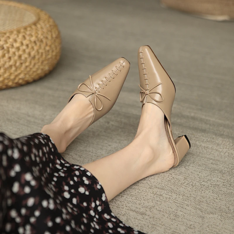 

COVIBESCO Mules Summer Women Sandals Genuine Leather Butterfly-Knot Slippers Fashion Thick Heels Casual Shoes Woman New Pumps