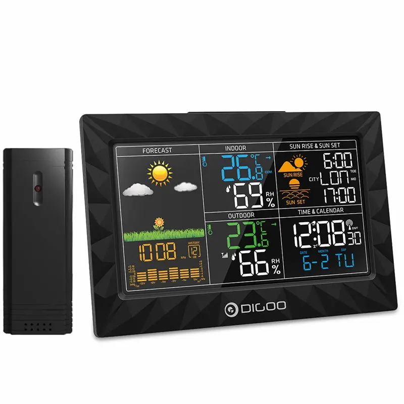 DIGOO DG-TH8988 ЖК-дисплей цвет Крытый Открытый Метеостанция+ Дистанционный датчик термометр Повтор часы рассвет закат дисплей - Цвет: Черный