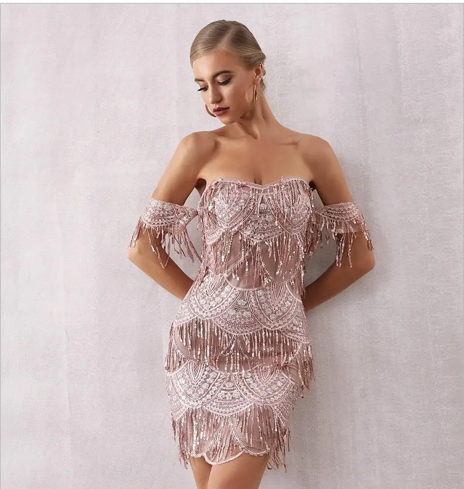 

Women summer sexy&club eevening dress cocktail Slash Neck Tassel Sequin Dress