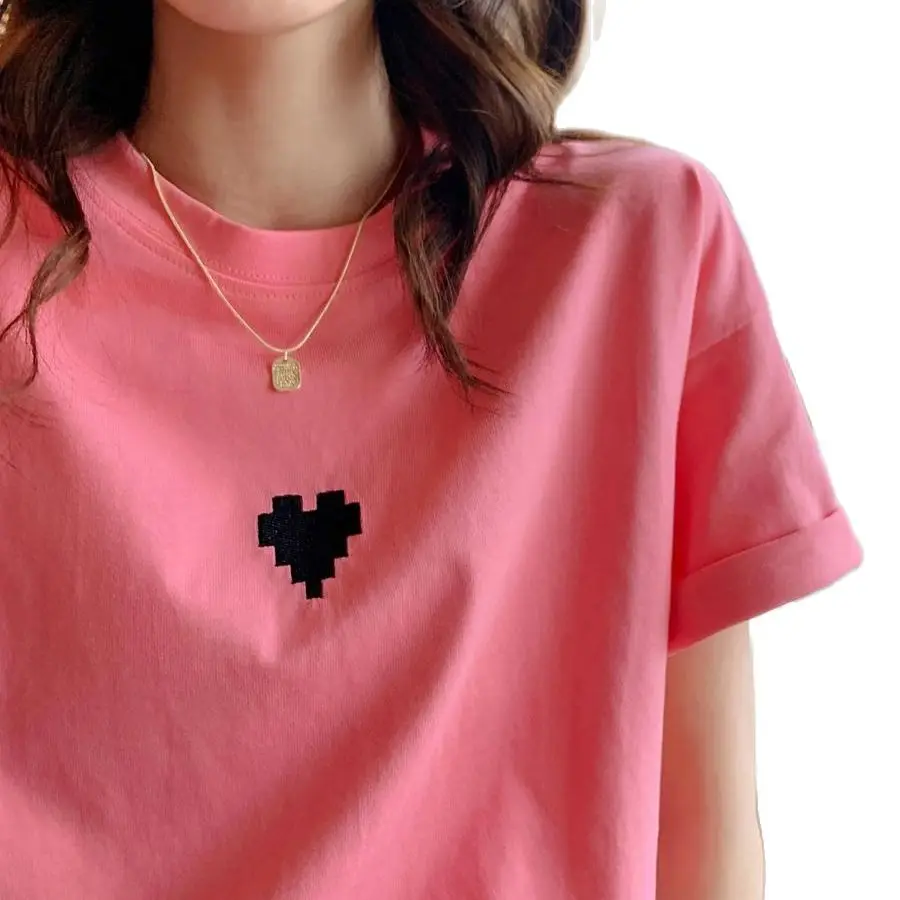 

T-shirt Tops Shirt Pink han edition embroidery cotton short sleeve female 2021 summer new half sleeve blouse render