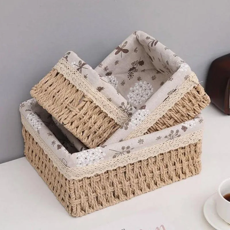 Storage Basket Straw Rattan Woven Cloth Desktop Sundries Toy Key Cosmetic Box Snack | Дом и сад