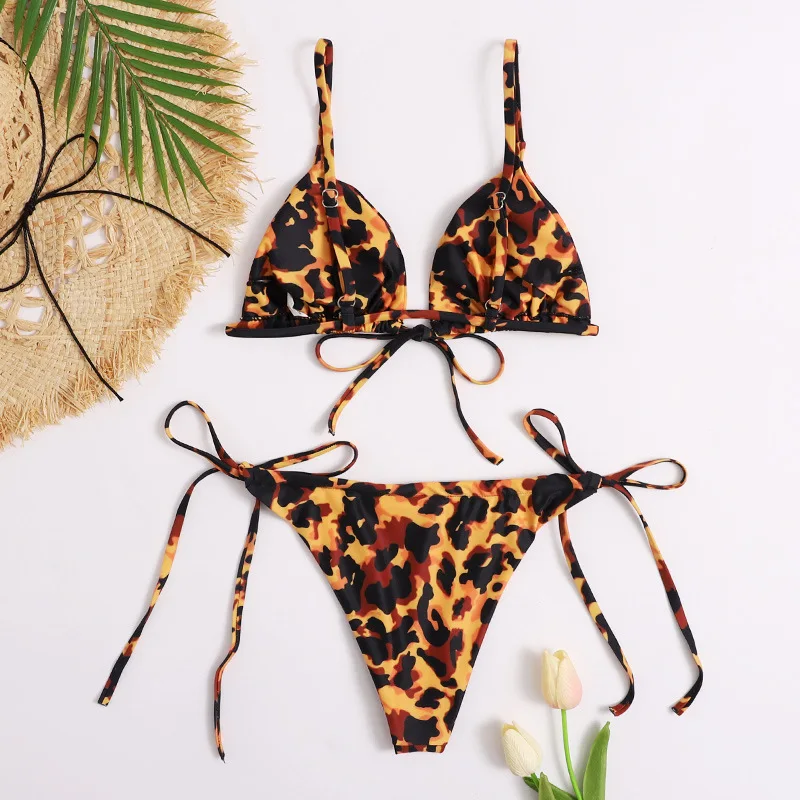

2021 new swimsuit female split low waist briefs strap sexy leopard print European bikini swimsuit women 2 pieces