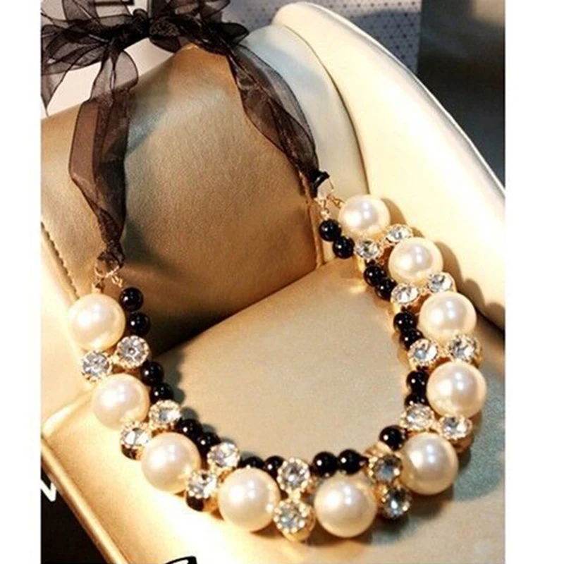 Длинный широкий Черный Бархатный чокер с бантом бусы искусственным жемчугом