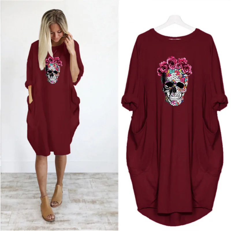 

Women Midi Dress Plus Size Rose Skull Print Halloween Autumn Long Sleeve O Neck Pocket Casual Party Streetwear Vestidos Femme