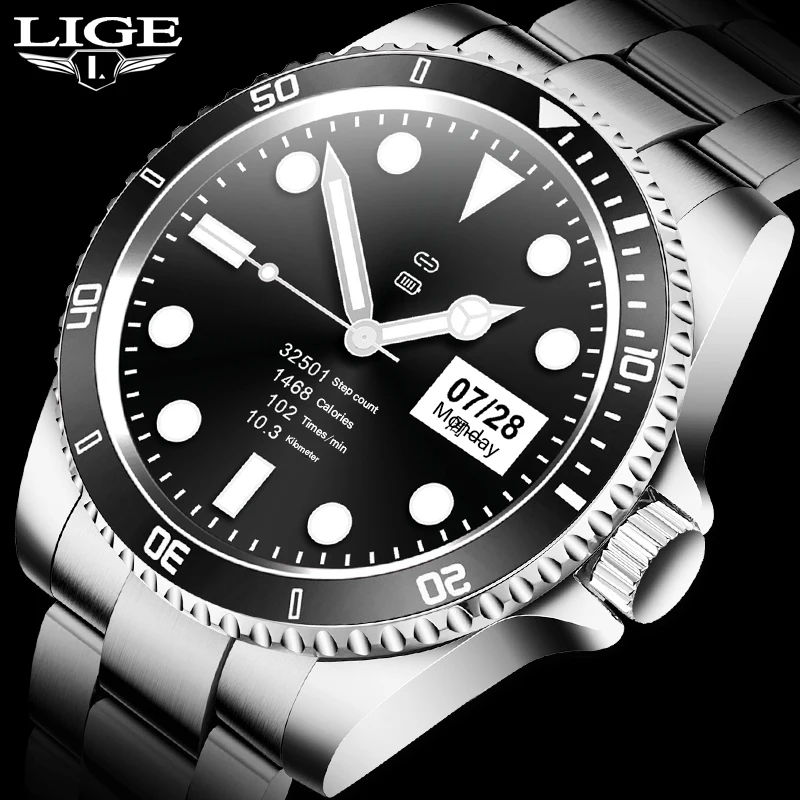 

LIGE Smart Watch Men smartwatch LED Full Touch Screen For Android iOS Heart Rate Blood Pressure Monitor Bluetooth Call Man Watch
