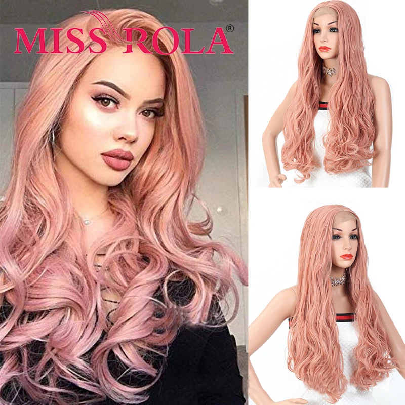 MISS ROLA  Pink Wig Long Wavy Synthetic Lace Front Wig Heat Resistant Fiber Glueless Front Lace Wigs for Women   Fake Hair