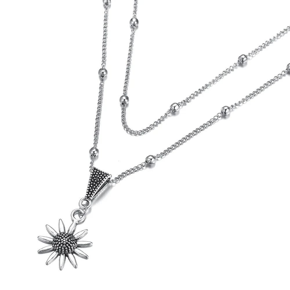 Изысканные винтажные серебристого цвета подвески подсолнуха на шею для женщин Женская многослойная цепочка шокер Хип-хоп вечеринка Ювелирные изделия.