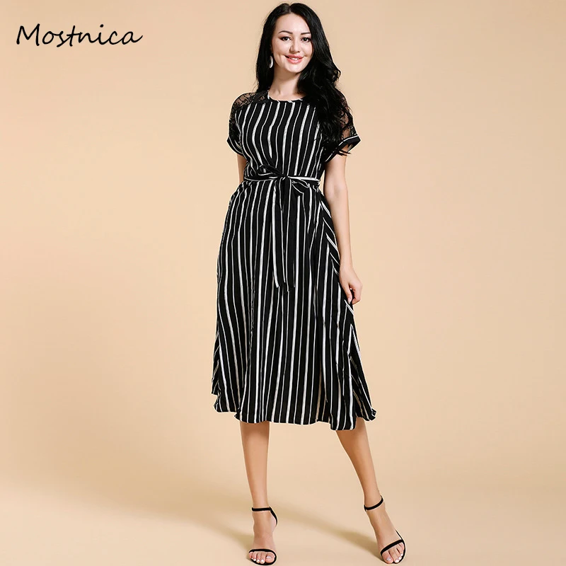 

Mostnica Black Striped Office Lady Dress Formal A Line Around Neck Short Sleeves Patchwork Lace Slim Summer OL Dresses Women
