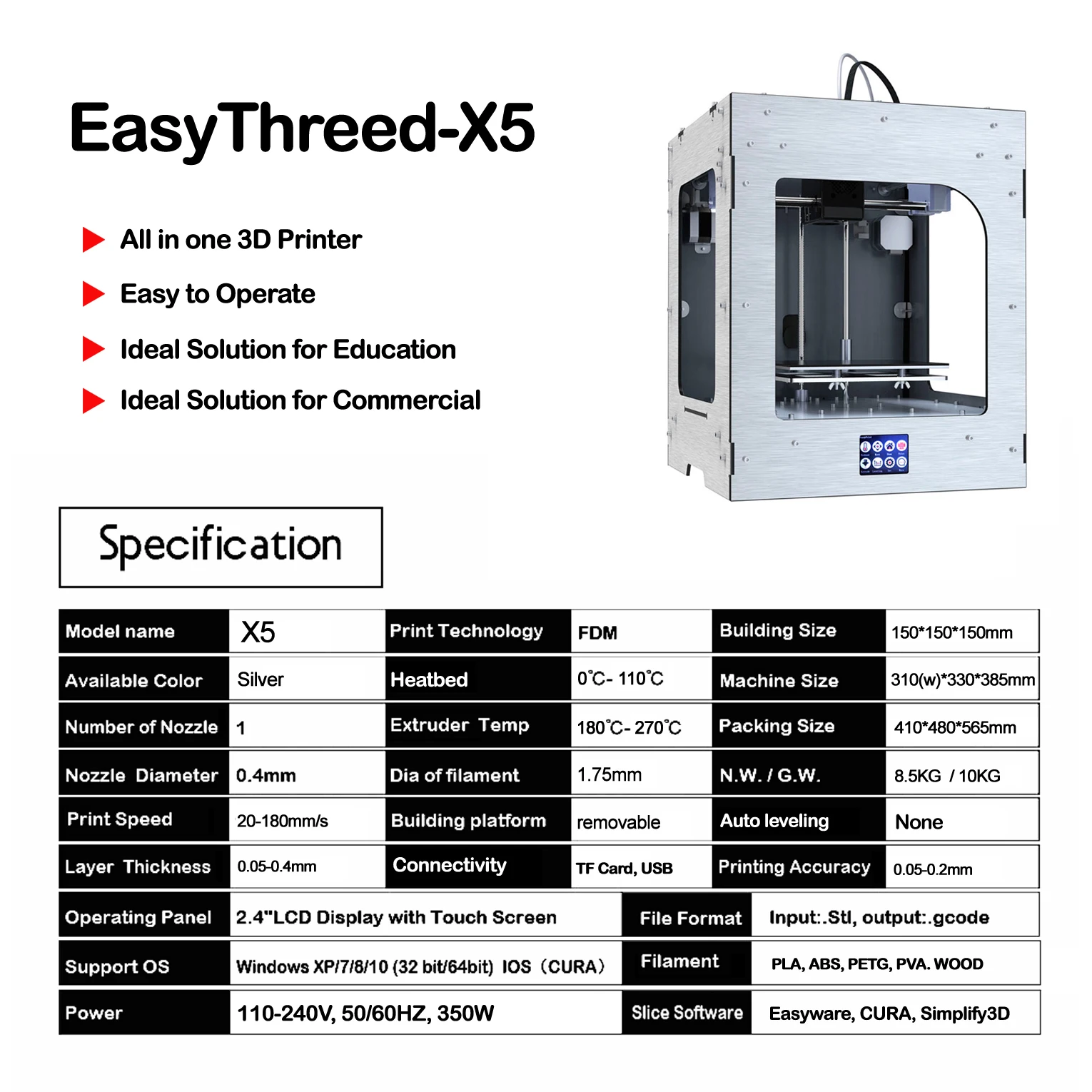 Easythreed 3D принтер X5 образование стволовых хобби коммерческий точный металлический
