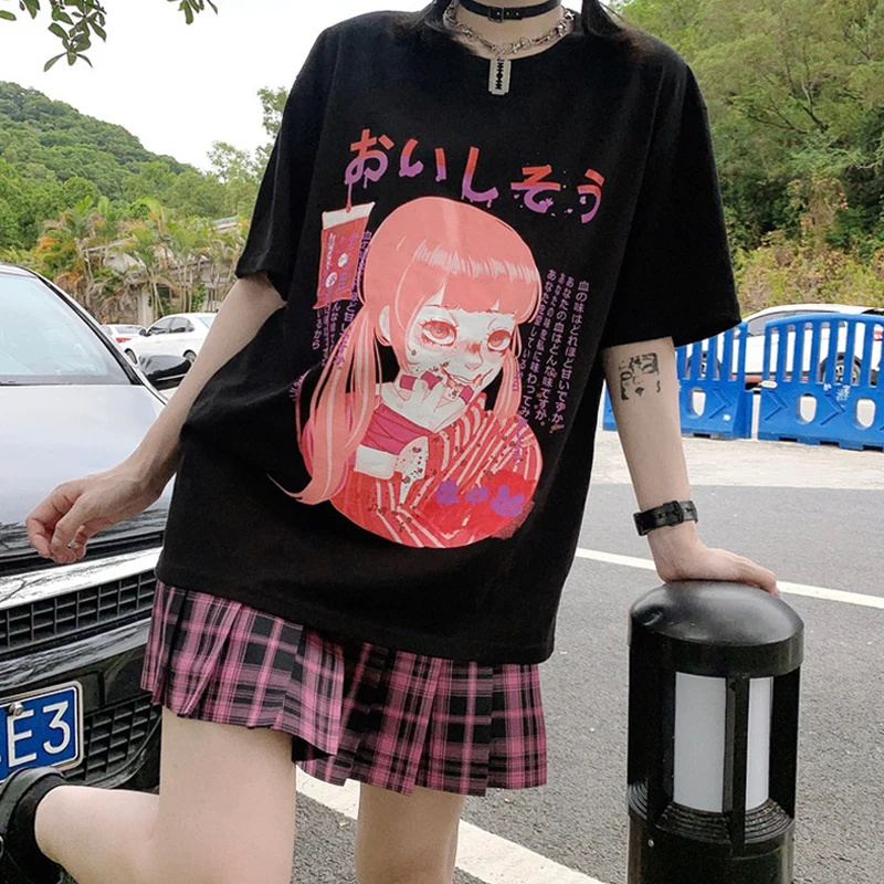 

Women Cotton T-shirts Harajuku Japanese Anime Cartoon Kpop Ropa Mujer Tops Vintage Oversize Short Sleeve Dropshipping Black Tees