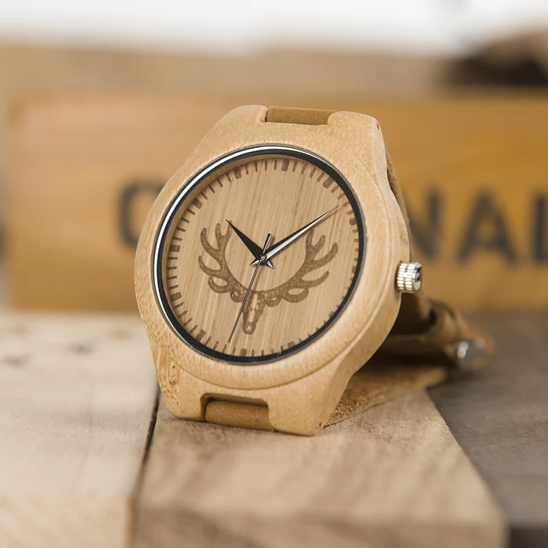 Мужские часы BOBO BIRD Wood с головой оленя кожаным ремешком бамбуковые кварцевые