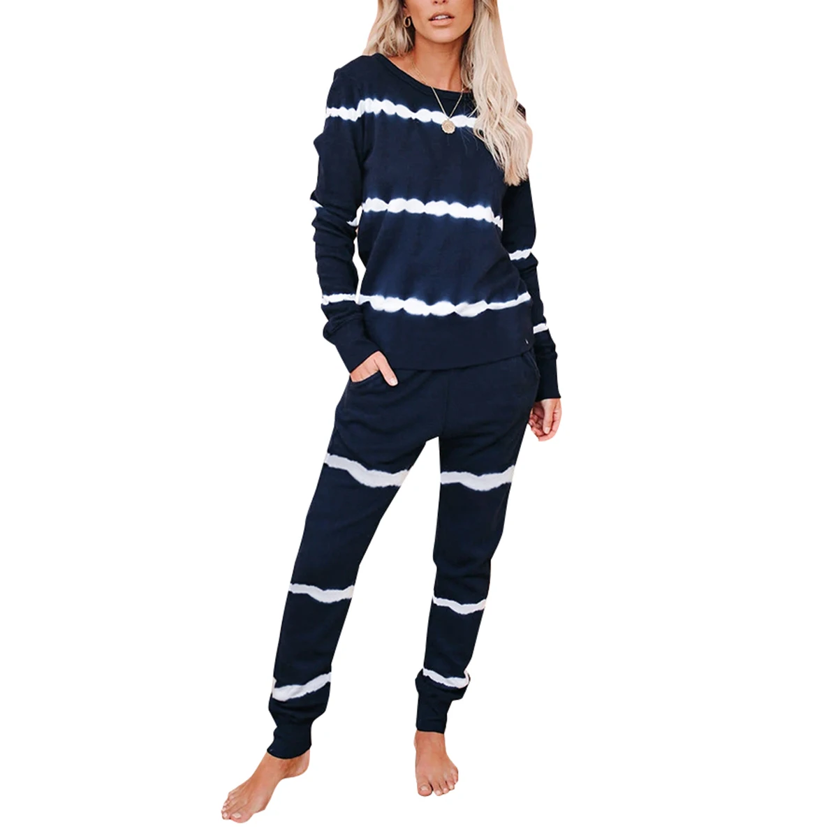 Женский домашний костюм с длинным рукавом и брюками темно-синий повседневный из