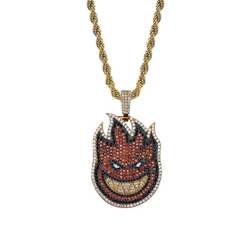 

Spitfire Style Small Fire Man Pendant Set With Diamond Double-Sided Shape Street Hip-Hop Necklace For Men And Women