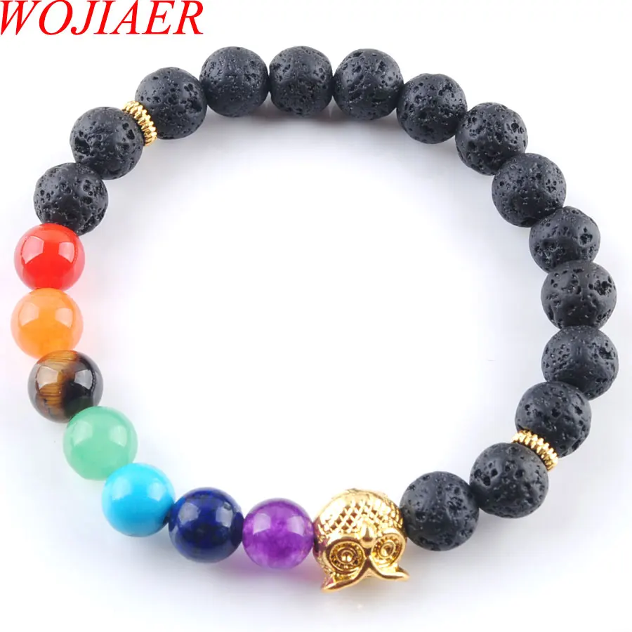 Натуральный черный камень 8 мм, круглые бусины Volcano, браслеты стрейч с совой, 7 чакр для медитации и молитвы, искусственные ювелирные изделия PK3249
