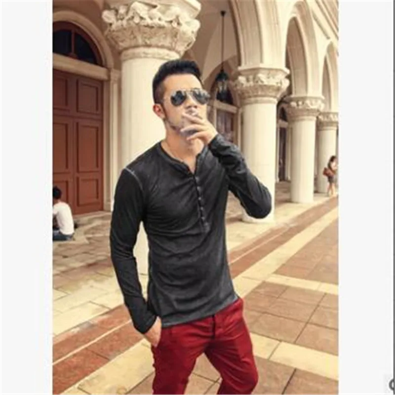 

Men Shirt V-neck Long Sleeve Tee&Tops Stylish Slim Buttons T-shirt Autumn Casual Solid Wild Tops