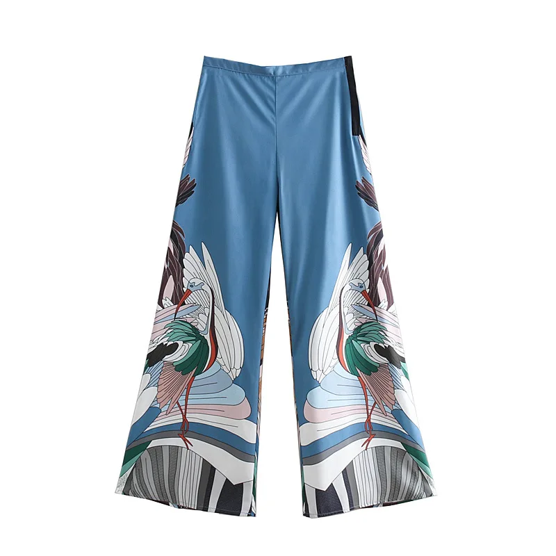 CHEERART Japanese Wide Leg Pants Women Ukiyoe Print Summer Loose Trousers Palazzo Blue Clothing | Женская одежда