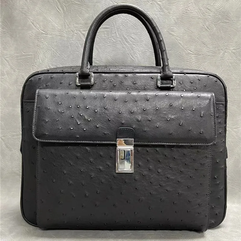 

Authentic Real True Ostrich Skin Office Men's Briefcase Top-handle Bag Genuine Exotic Leather Male Working Purse Laptop Handbag