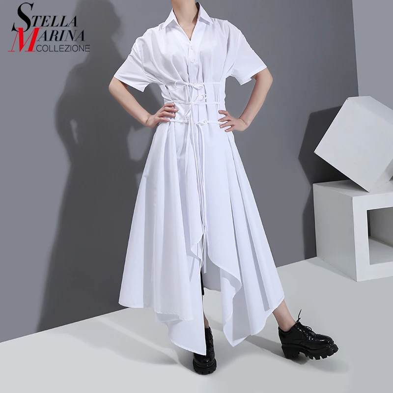 Женское длинное платье рубашка однотонное белое большого размера с завязками на