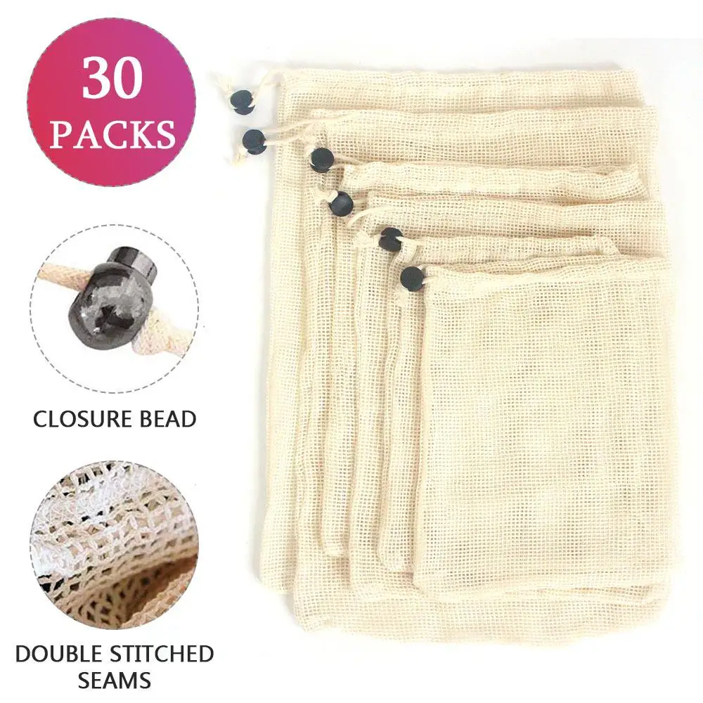 Многоразовые мешки для продуктов 30 шт. чистые моющиеся сетчатые из органического