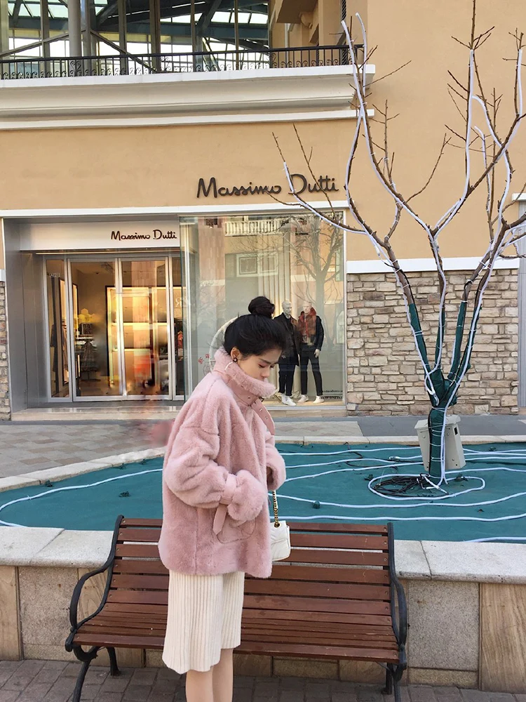 

Faux Rabbit Fur Coat Thick Motorcycle Buckle Reversible Plush Coat Women Winter Leather Jacket Zipper Sweet Student