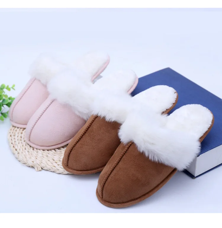 

Plush Warm Home Flat Slippers Soft Comfortable Winter Slippers Women Faux Fur Slippers Slip On Cotton Shoes