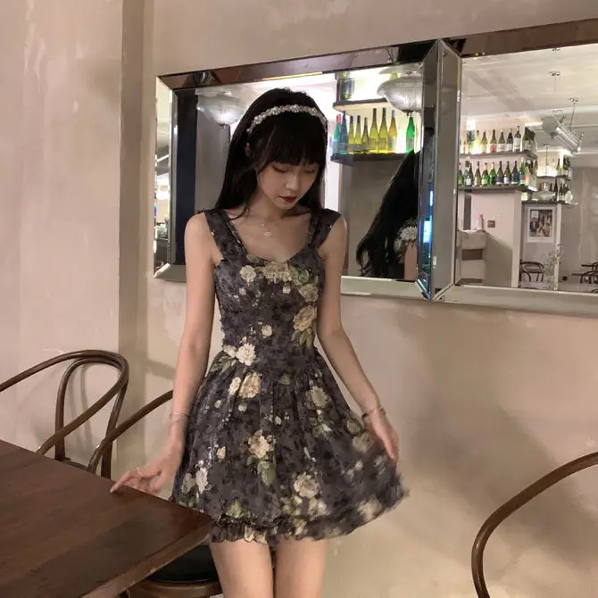 

2021 early dream pockemeng Champs Elysees Miss pure desire short skirt with thin waist Print Chiffon suspender dress summer