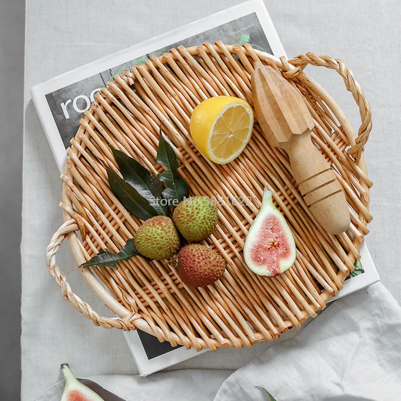

Handmade Rattan Plate Round Food Support Plates Sushi Platter Fruit Toast Cake Service Dessert Plates Dinning Room Home Decor