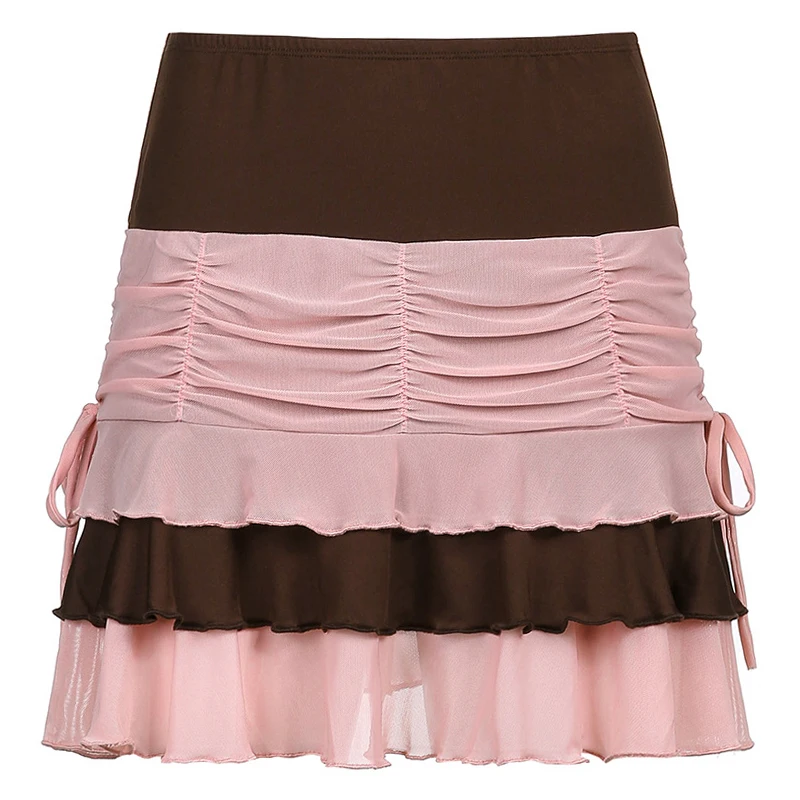 

Y2K Fashion Aesthetic Brown Pleated Mini Skirt for Women Kawaii Girls High Waisted Pink Patchwork Brown Clothes Y2K Skirts