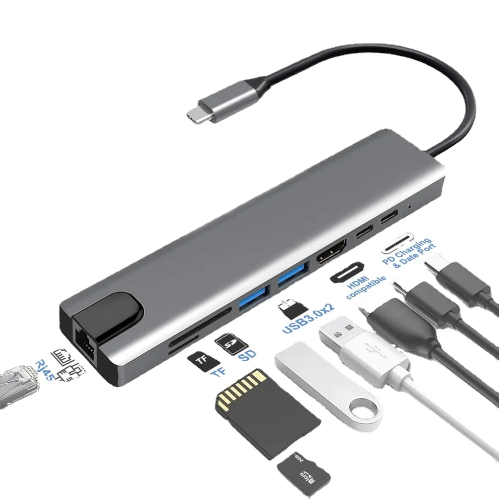 

USB C Hub Type-C 3.1 To 4K HDMI-Compatible RJ45 USB SD/TF Card Reader PD Fast Charge 8-in-1 USB Dock for MacBook PC HUB