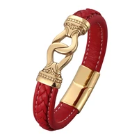 red leather bracelets bangles men jewelry vintage totem gold stainless steel magnetic buckle punk male wristband gift sp0812