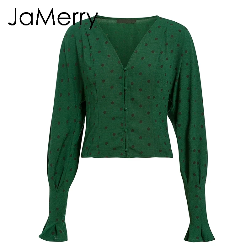 JaMerry винтажные элегантные пуговицы в Горошек женский Печатный принт блузка